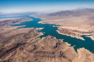 Aerial view of Lake Mead showing low water levels due to drought.