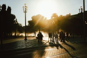 Urban skyline under intense sun during a heat wave