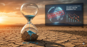 A conceptual image of a fractured hourglass on a parched, cracked desert floor. Water leaks from the glass as it breaks. A digital screen in the background displays a globe with a red "BANKRUPT" stamp, a declining financial graph, and the headline "UNU-INWEH REPORT 2026: GLOBAL WATER BANKRUPTCY.