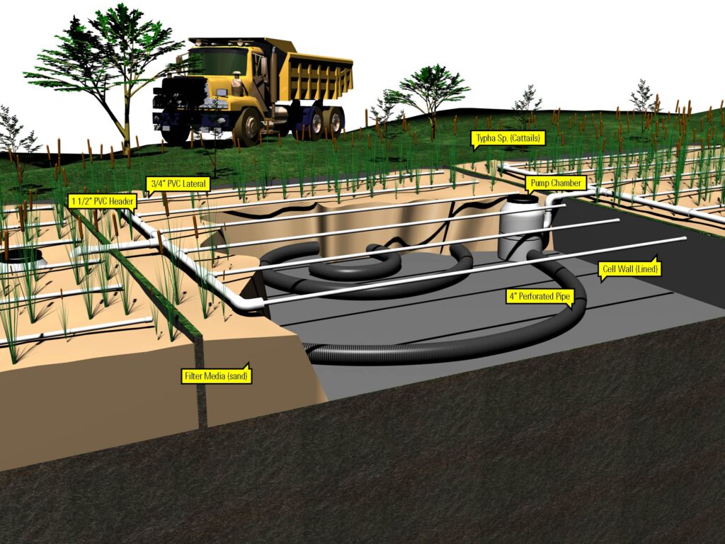 Diagram showing how constructed wetlands filter wastewater through plant roots and gravel layers to remove toxins.