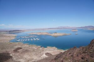Aerial view of Lake Mead warming near Hoover Dam showing declining water levels and climate stress
