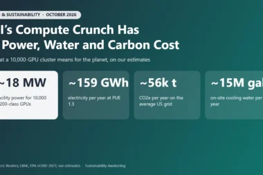 Infographic: a 10,000-GPU AI cluster needs about 18 MW, uses about 159 GWh a year, emits about 56,000 tonnes of CO2e on the US grid and evaporates about 15 million gallons of water