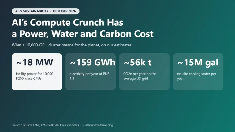 Infographic: a 10,000-GPU AI cluster needs about 18 MW, uses about 159 GWh a year, emits about 56,000 tonnes of CO2e on the US grid and evaporates about 15 million gallons of water