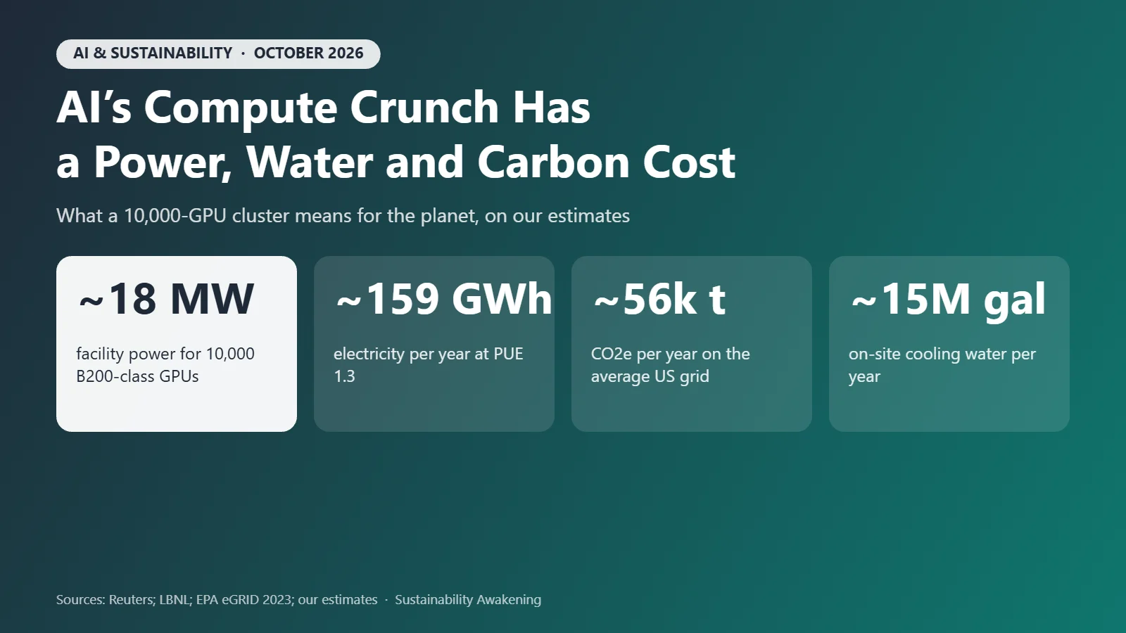 Infographic: a 10,000-GPU AI cluster needs about 18 MW, uses about 159 GWh a year, emits about 56,000 tonnes of CO2e on the US grid and evaporates about 15 million gallons of water