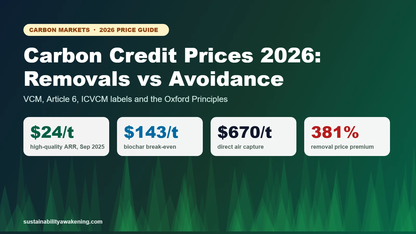 Carbon credit prices 2026: ARR $24/t, biochar $143/t, direct air capture $670/t and a 381% removal premium