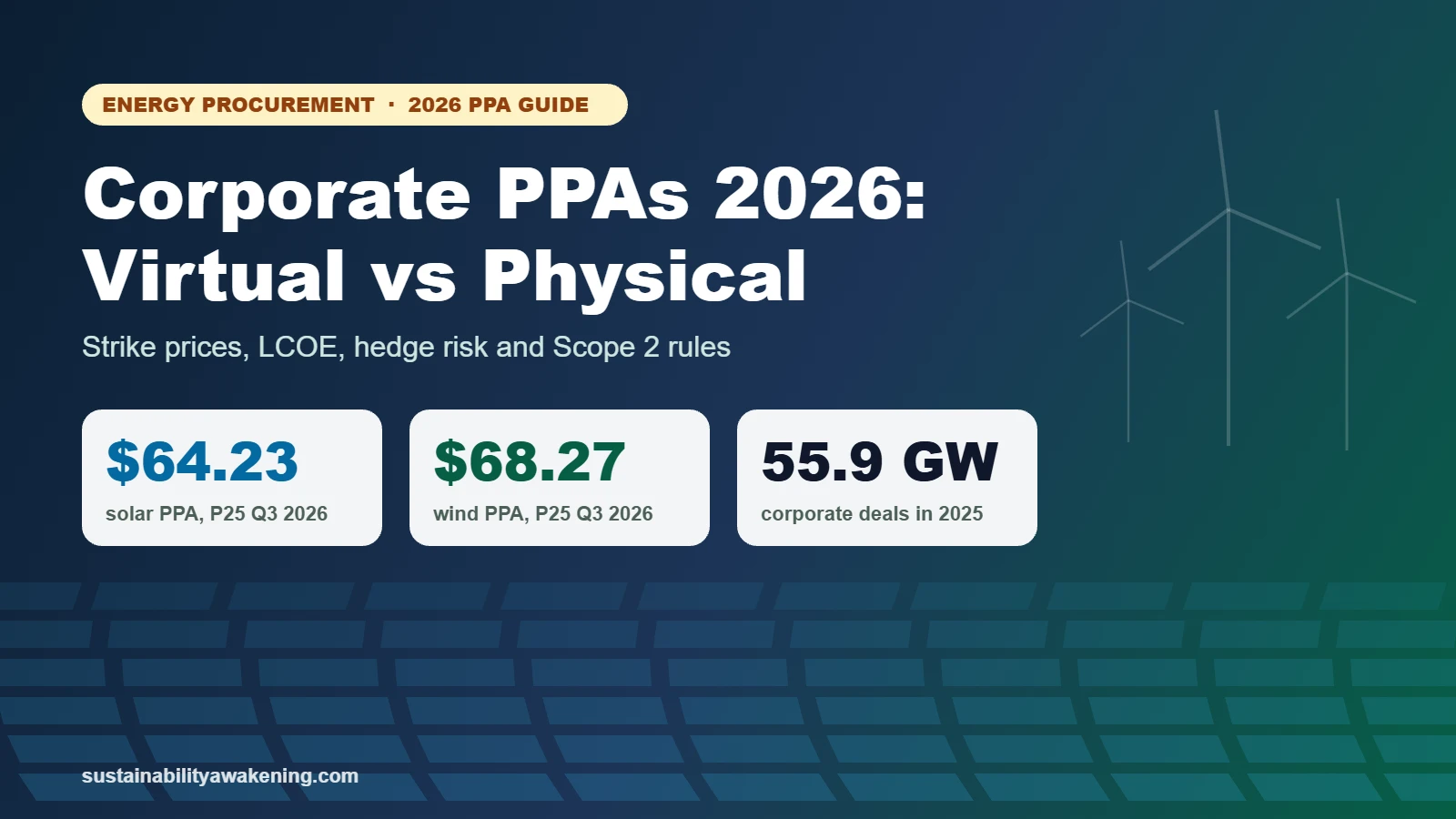 Corporate PPA guide 2026: solar PPA $64.23/MWh, wind $68.27/MWh, 55.9 GW of corporate deals in 2025