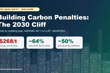 NYC Local Law 97 guide: $268 per tonne penalty, office limits down 64% in 2030, grid electricity coefficient halved