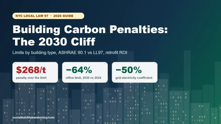 NYC Local Law 97 guide: $268 per tonne penalty, office limits down 64% in 2030, grid electricity coefficient halved