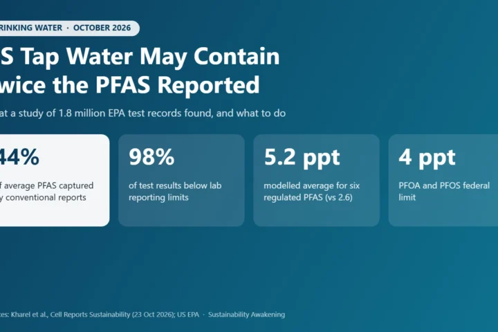 Infographic: conventional reports capture 44% of average PFAS in US tap water; 98% of results below reporting limits; modelled average 5.2 ppt for six regulated PFAS; federal limit 4 ppt