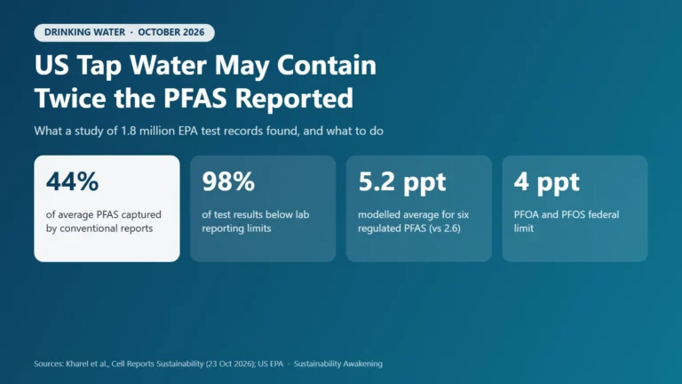 Infographic: conventional reports capture 44% of average PFAS in US tap water; 98% of results below reporting limits; modelled average 5.2 ppt for six regulated PFAS; federal limit 4 ppt