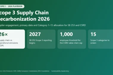 Infographic: supply chain emissions are 26 times operational emissions; SB 253 Scope 3 reporting begins 2027; CSRD value chain cap applies to suppliers with 1,000 or fewer employees; 15 Scope 3 categories