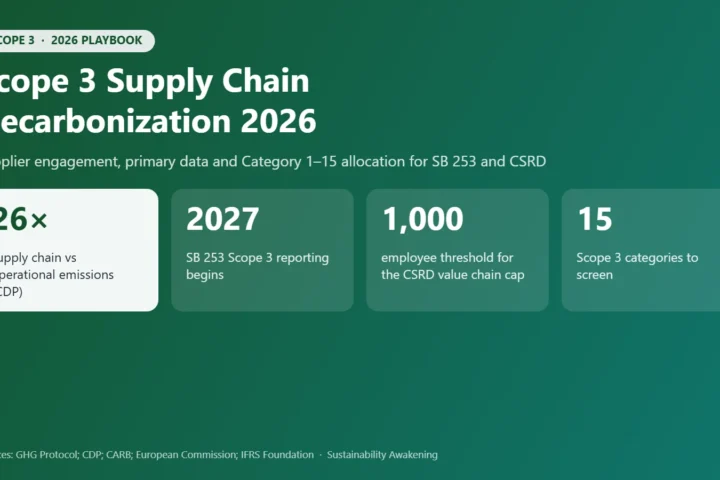 Infographic: supply chain emissions are 26 times operational emissions; SB 253 Scope 3 reporting begins 2027; CSRD value chain cap applies to suppliers with 1,000 or fewer employees; 15 Scope 3 categories
