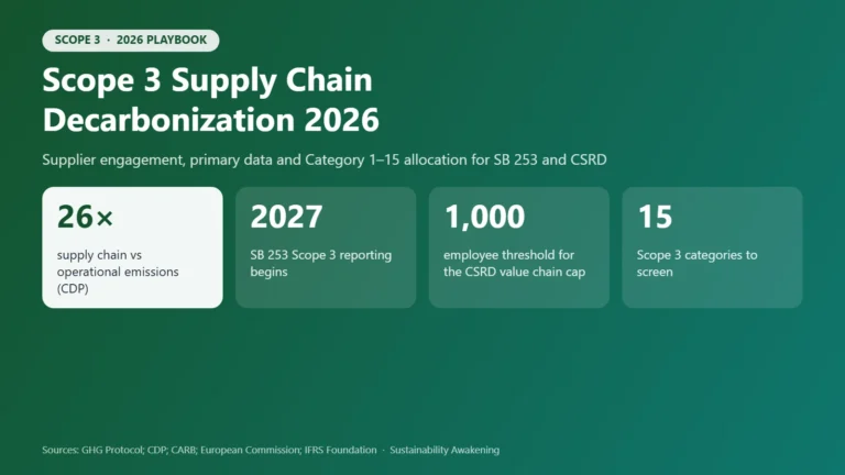 Infographic: supply chain emissions are 26 times operational emissions; SB 253 Scope 3 reporting begins 2027; CSRD value chain cap applies to suppliers with 1,000 or fewer employees; 15 Scope 3 categories