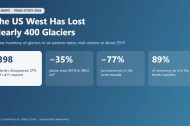 Infographic: 398 glaciers in the lower 48 states disappeared since mid-century; glacier area down 35%; Sierra Nevada lost 77% of its ice volume; 89% of remaining ice is in the North Cascades